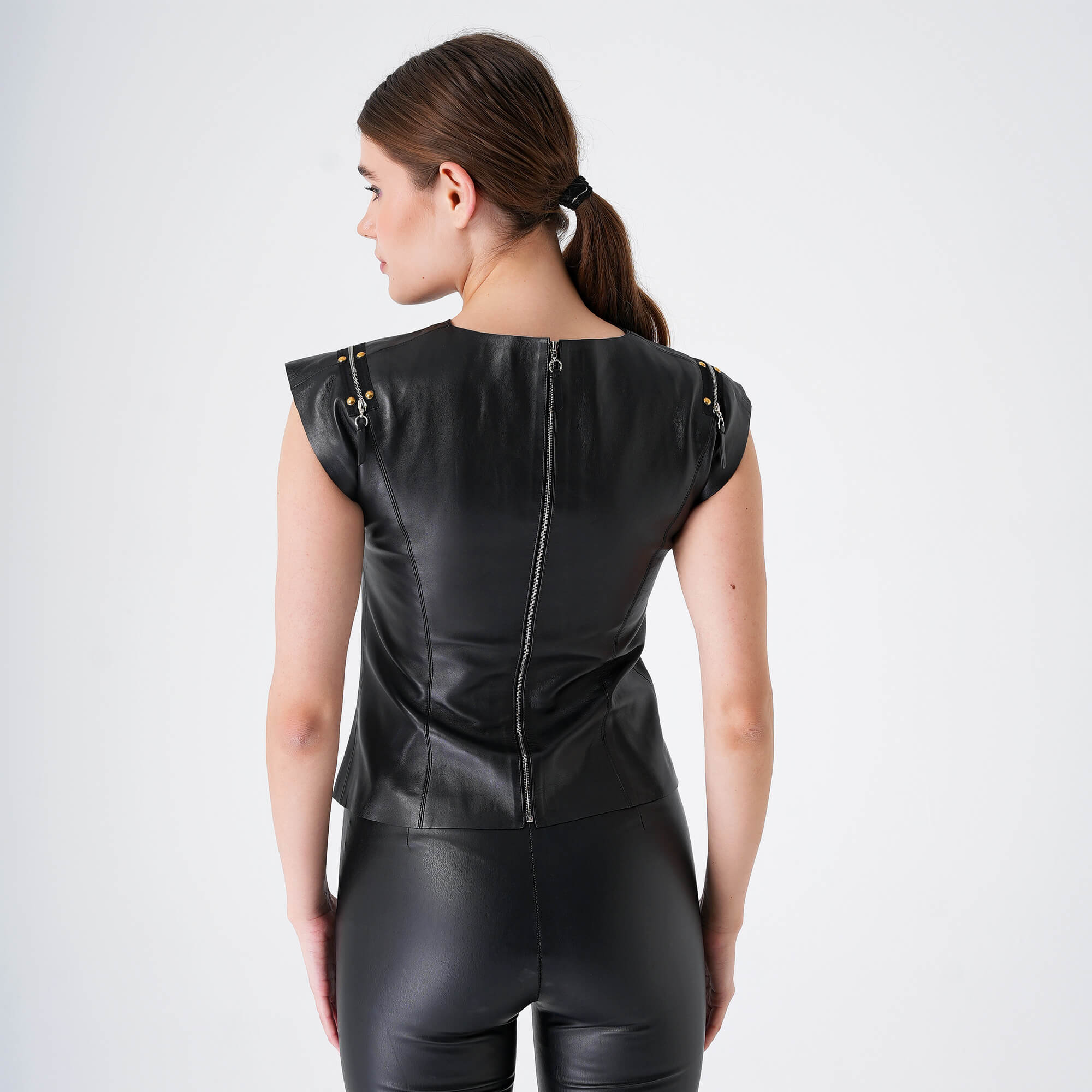 Louis Vuitton - Black Leather Sleeveless Blouses